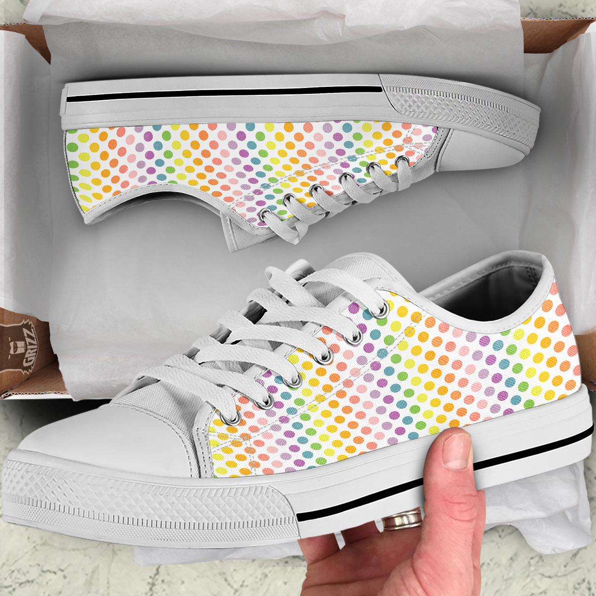 Polka Dot Colors Rainbow Print Pattern White Low Top Shoes-grizzshop