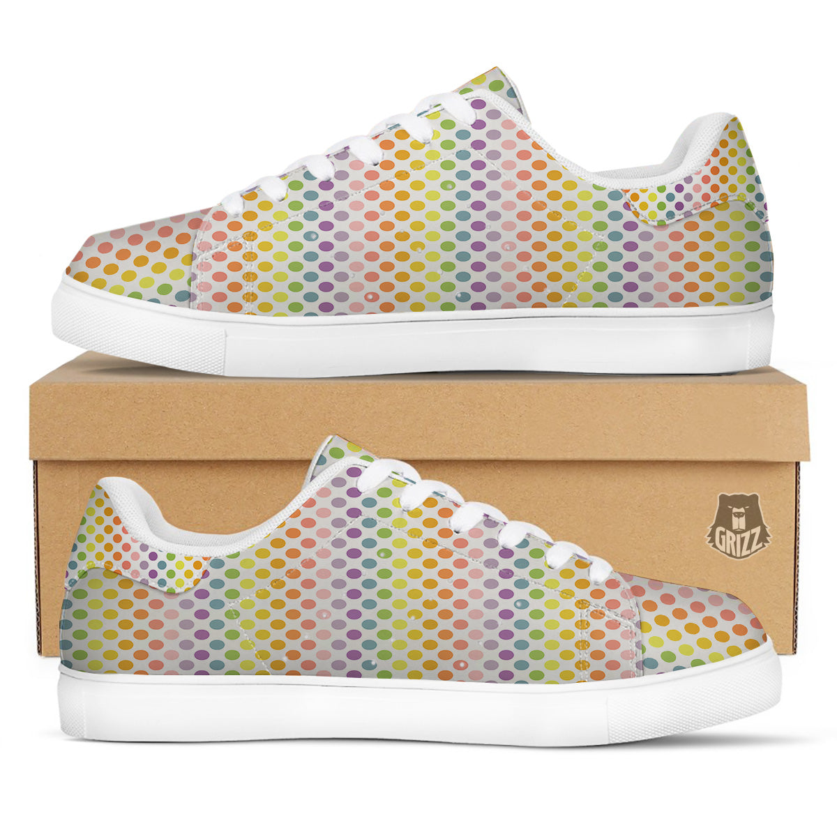 Polka Dot Colors Rainbow Print Pattern White Low Top Sneakers-grizzshop