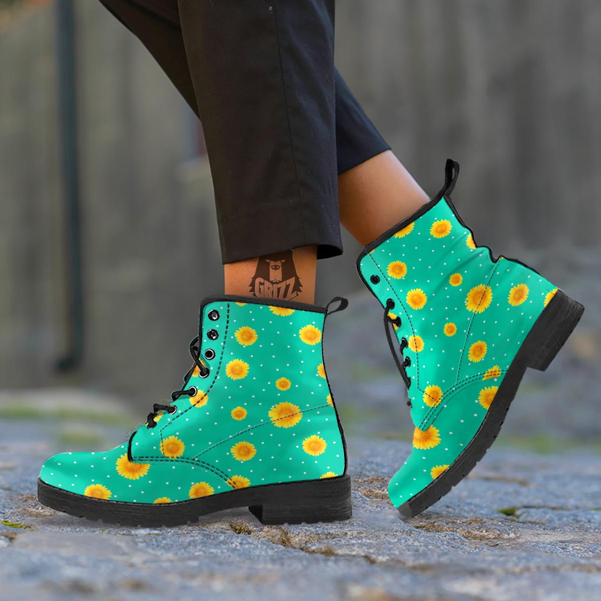 Polka Dot Sunflower Print Pattern Leather Boots-grizzshop