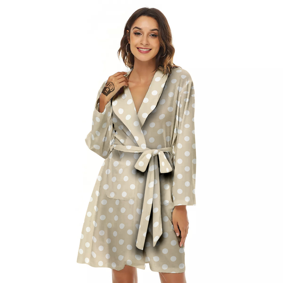 Polka Dot White And Beige Print Pattern Women's Robe-grizzshop