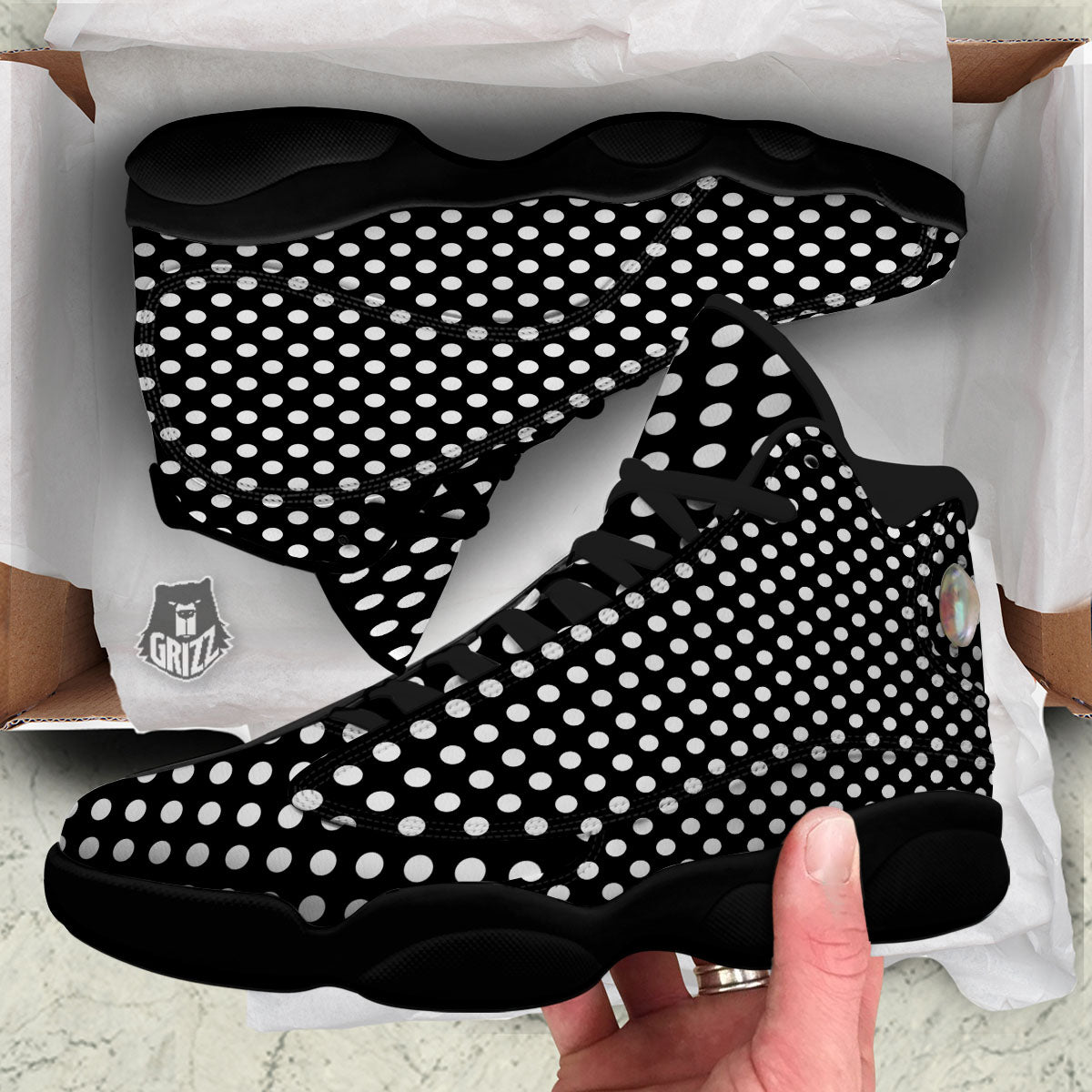 Polka Dot White And Black Style Print Pattern Black Basketball Shoes-grizzshop