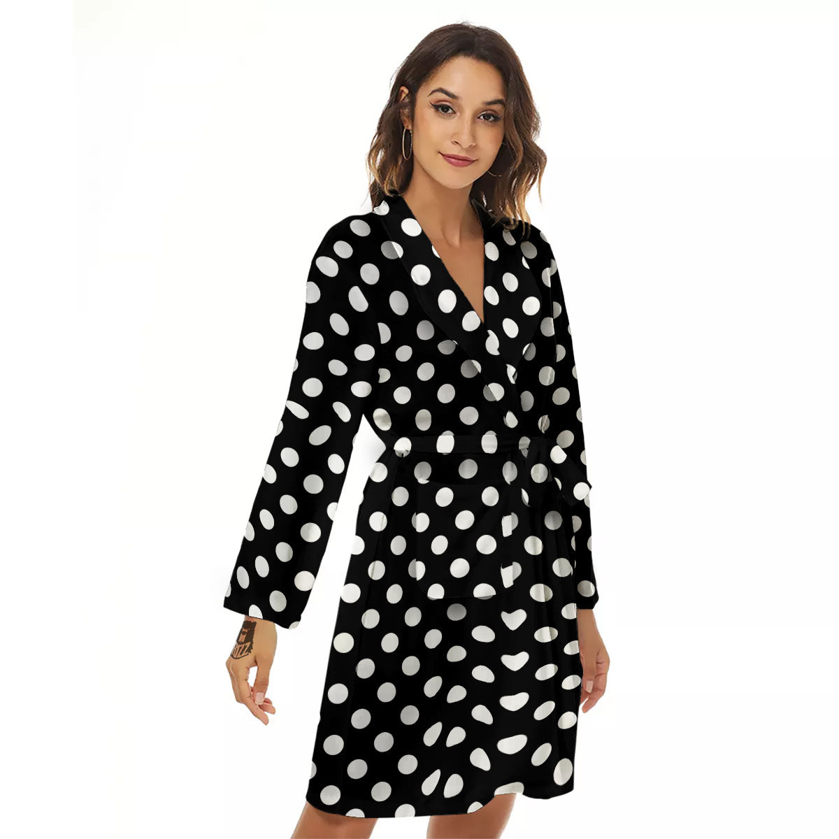 Polka Dot White And Black Style Print Pattern Women's Robe-grizzshop