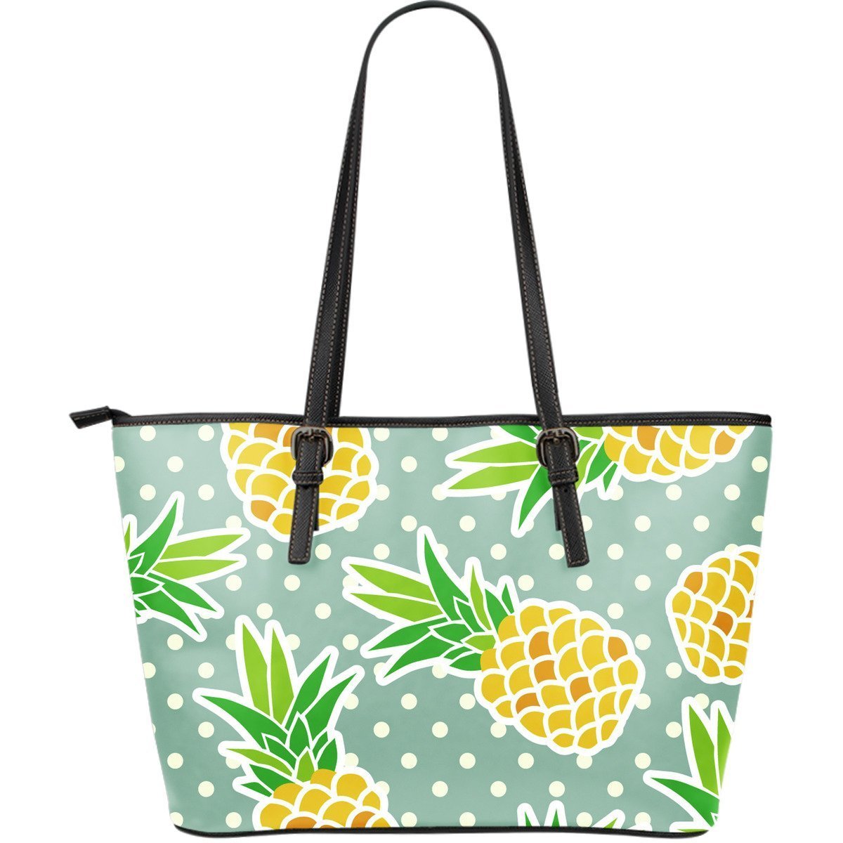 Polkadot Tropical Hawaiian Pineapple Green Purse Print Leather Tote Bag-grizzshop