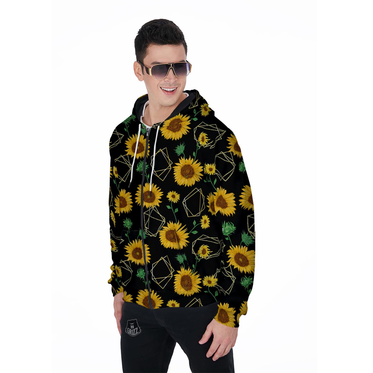 Polygonal Sunflower Men's Zip Up Hoodie-grizzshop