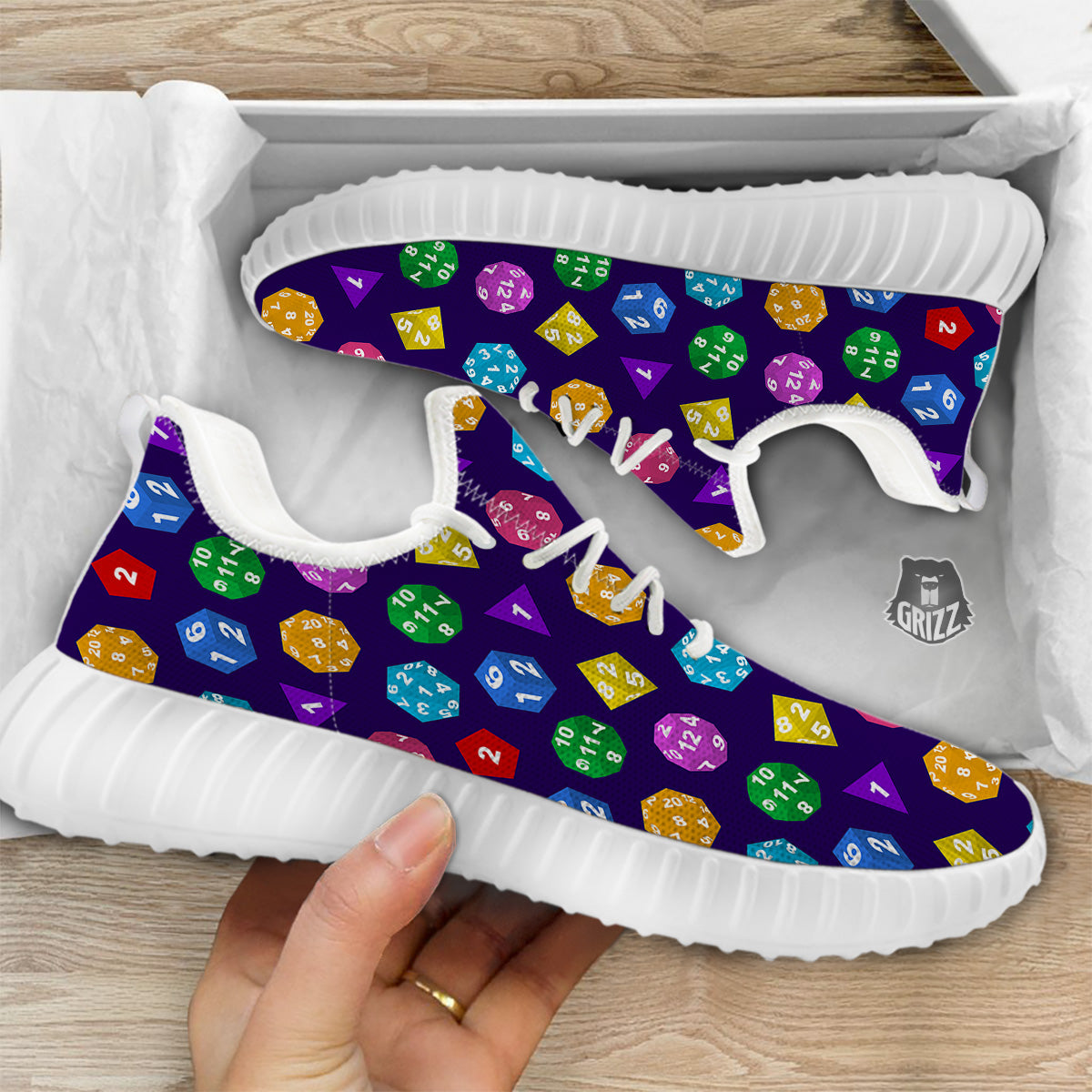 Polyhedron Dice Colorful Print Pattern White Walking Shoes-grizzshop