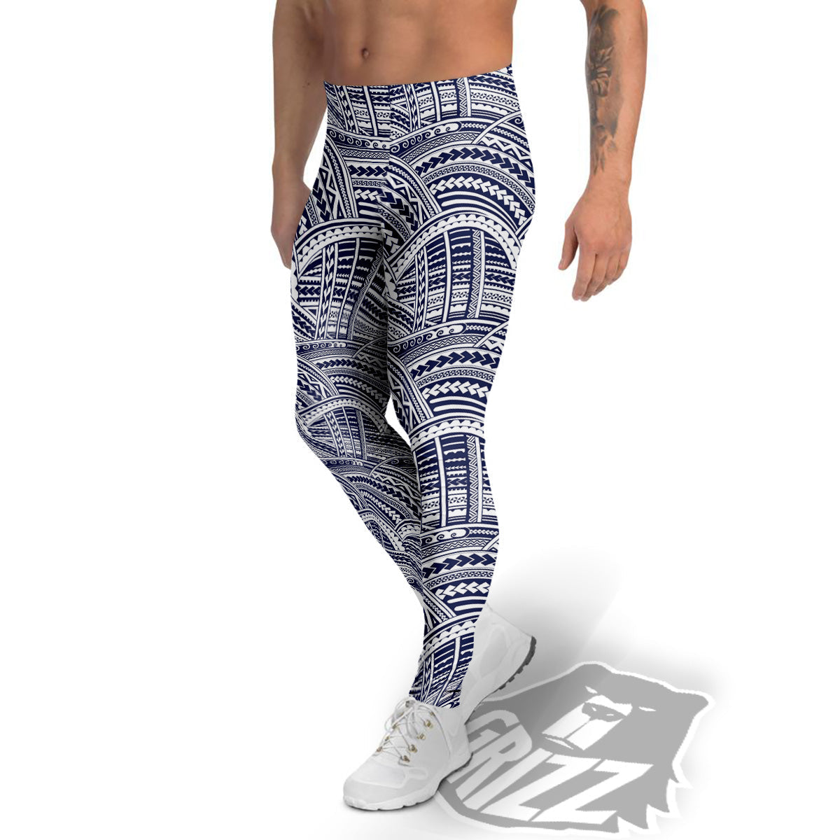 Polynesian Tattoo Blue Maori Print Men's Leggings-grizzshop