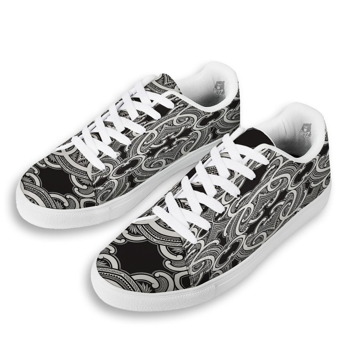 Polynesian Tattoo White And Black Print White Low Top Sneakers-grizzshop