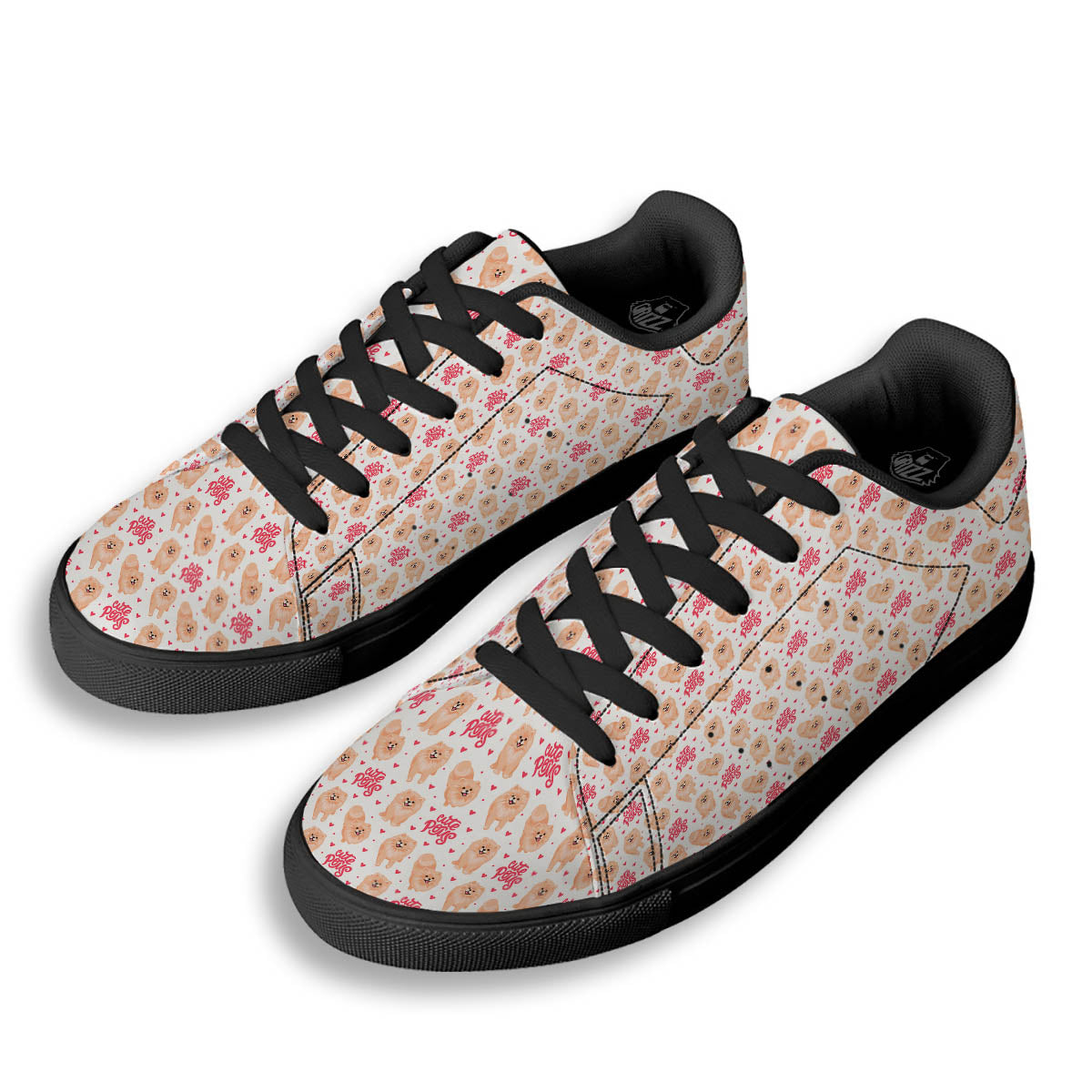 Pomeranian Cartoon Print Pattern Black Low Top Sneakers-grizzshop