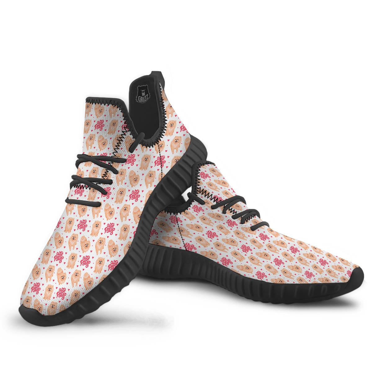 Pomeranian Cartoon Print Pattern Black Walking Shoes-grizzshop