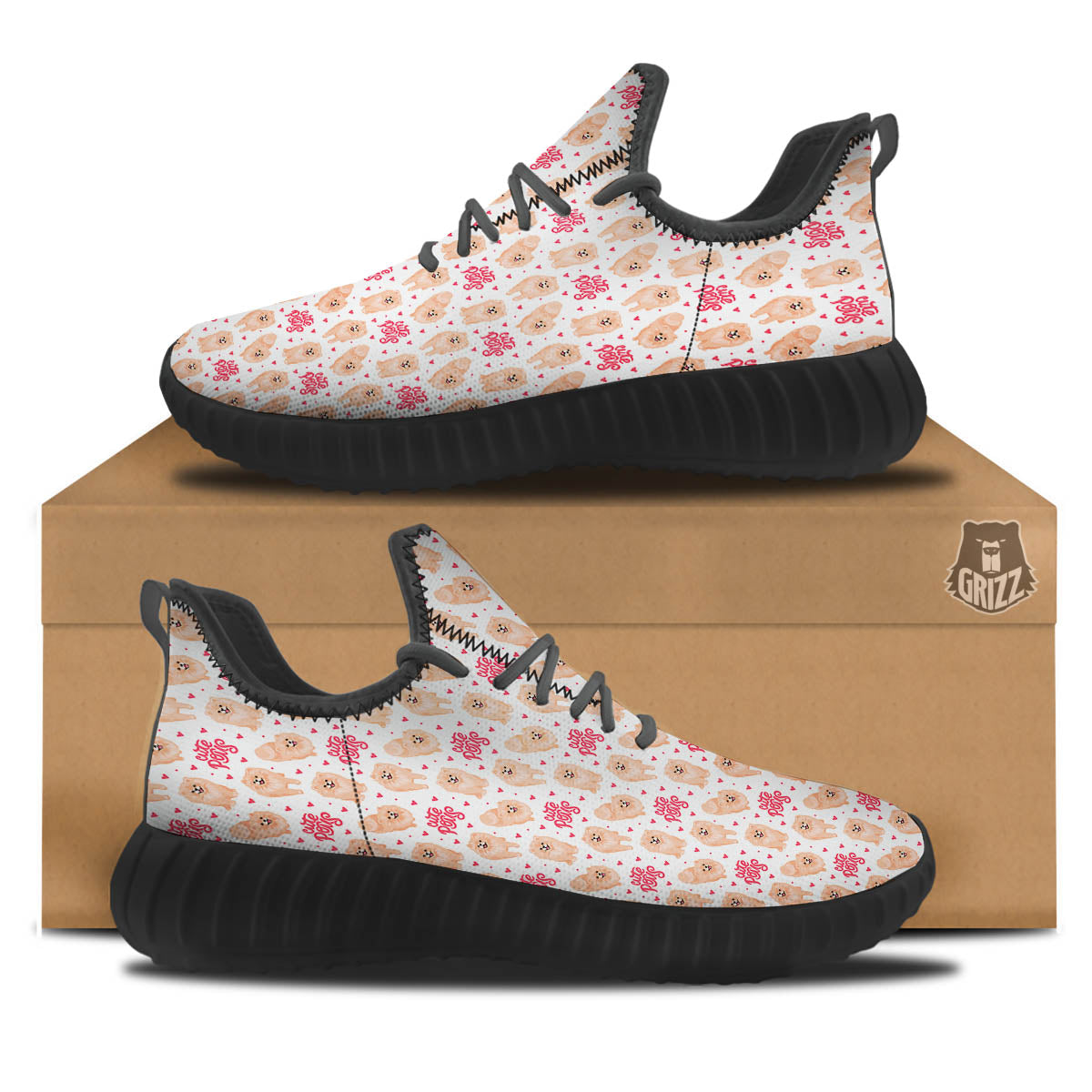 Pomeranian Cartoon Print Pattern Black Walking Shoes-grizzshop
