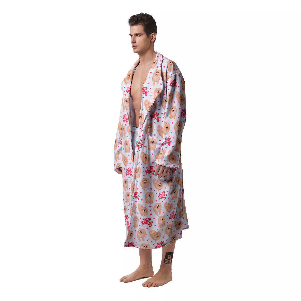Pomeranian Cartoon Print Pattern Men's Robe-grizzshop