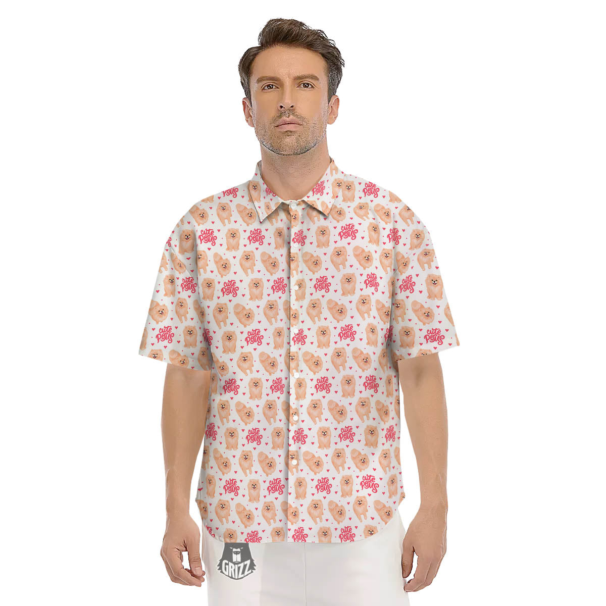 Pomeranian Cartoon Print Pattern Men's Short Sleeve Shirts-grizzshop