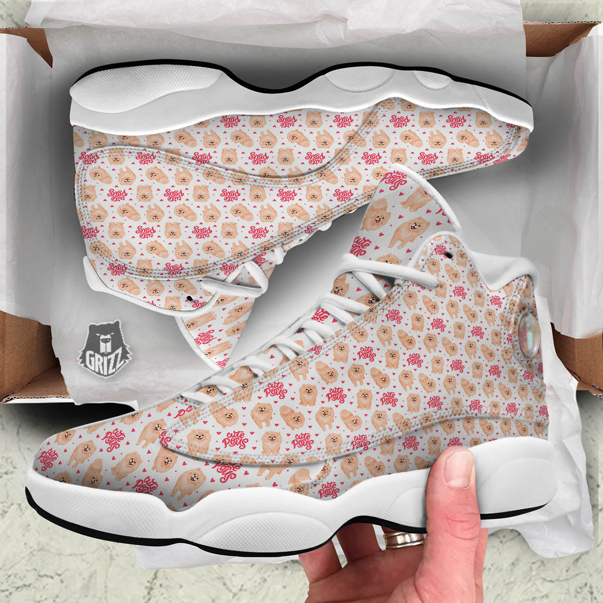Pomeranian Cartoon Print Pattern White Basketball Shoes-grizzshop