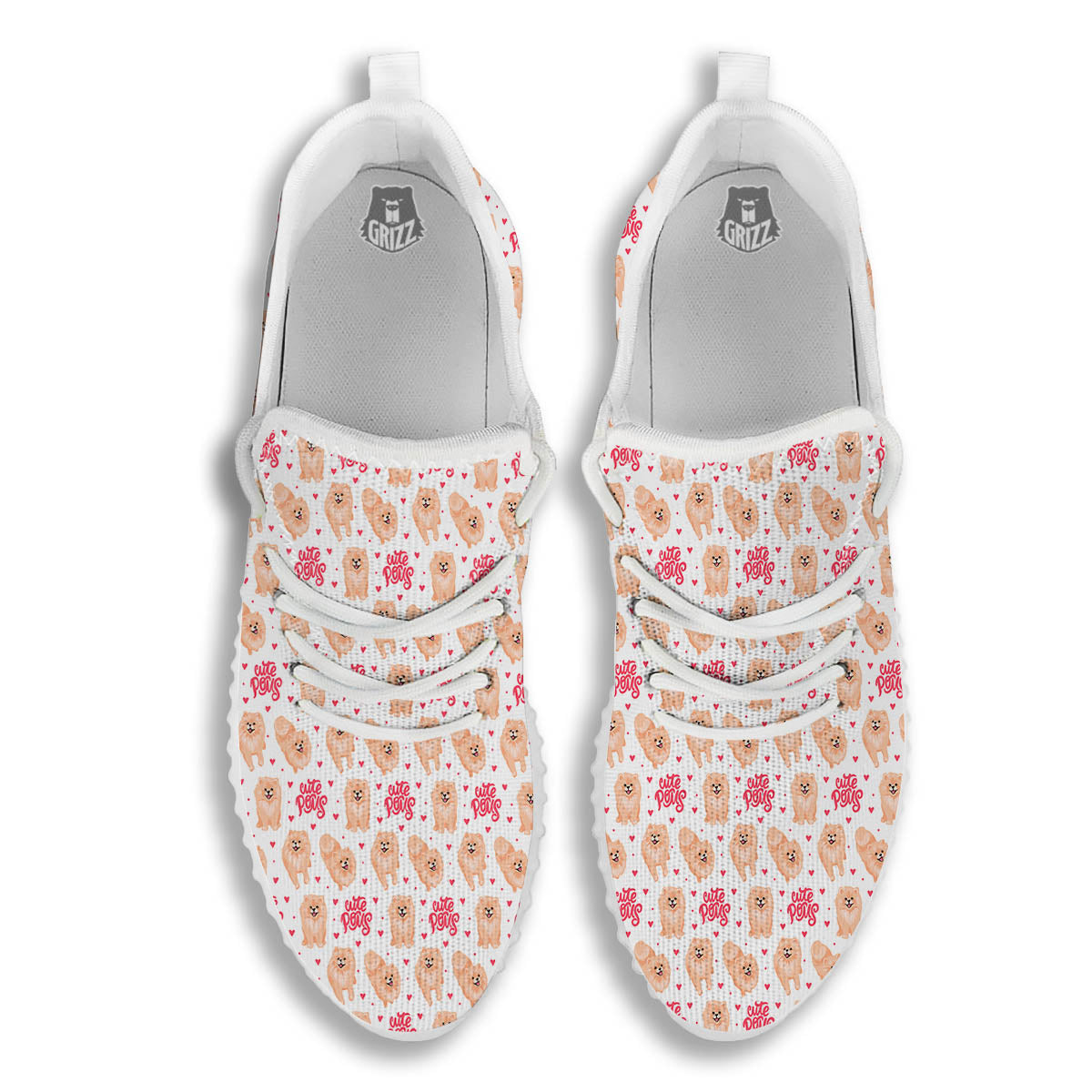 Pomeranian Cartoon Print Pattern White Walking Shoes-grizzshop