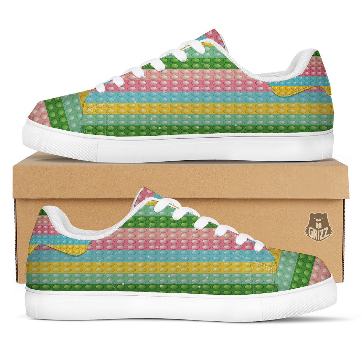 Pop It Pastel Color Print Pattern White Low Top Sneakers-grizzshop
