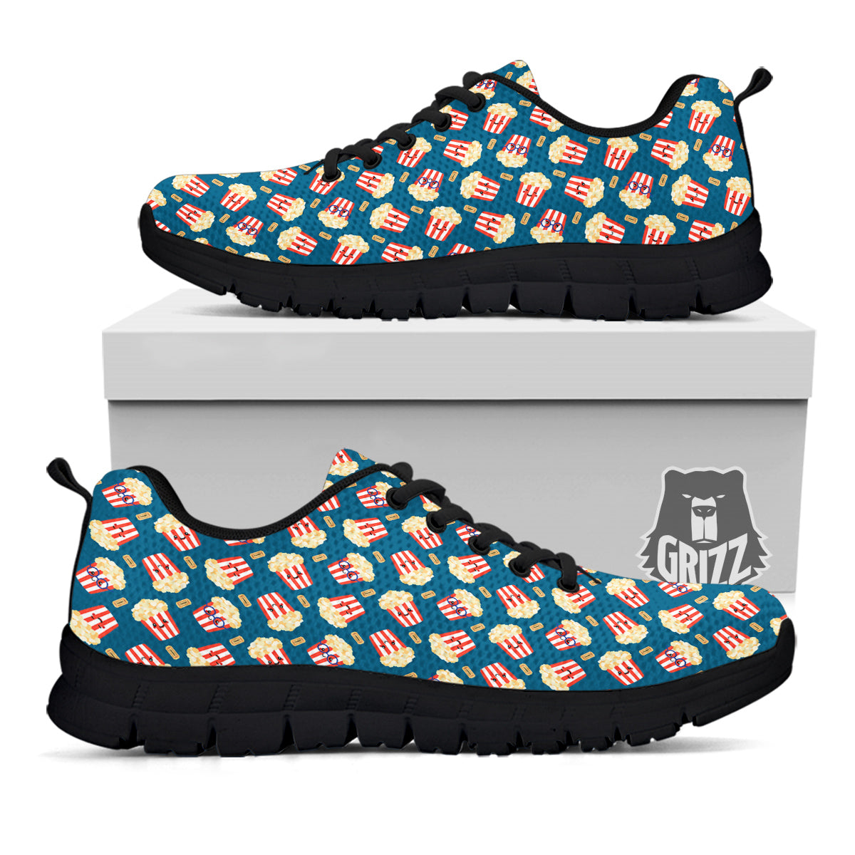 Popcorn Box Cute Print Pattern Black Sneaker-grizzshop