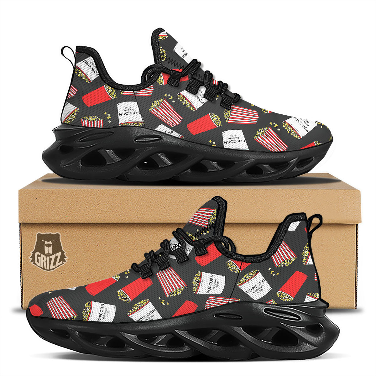 Popcorn Box Print Pattern Black Running Shoes-grizzshop