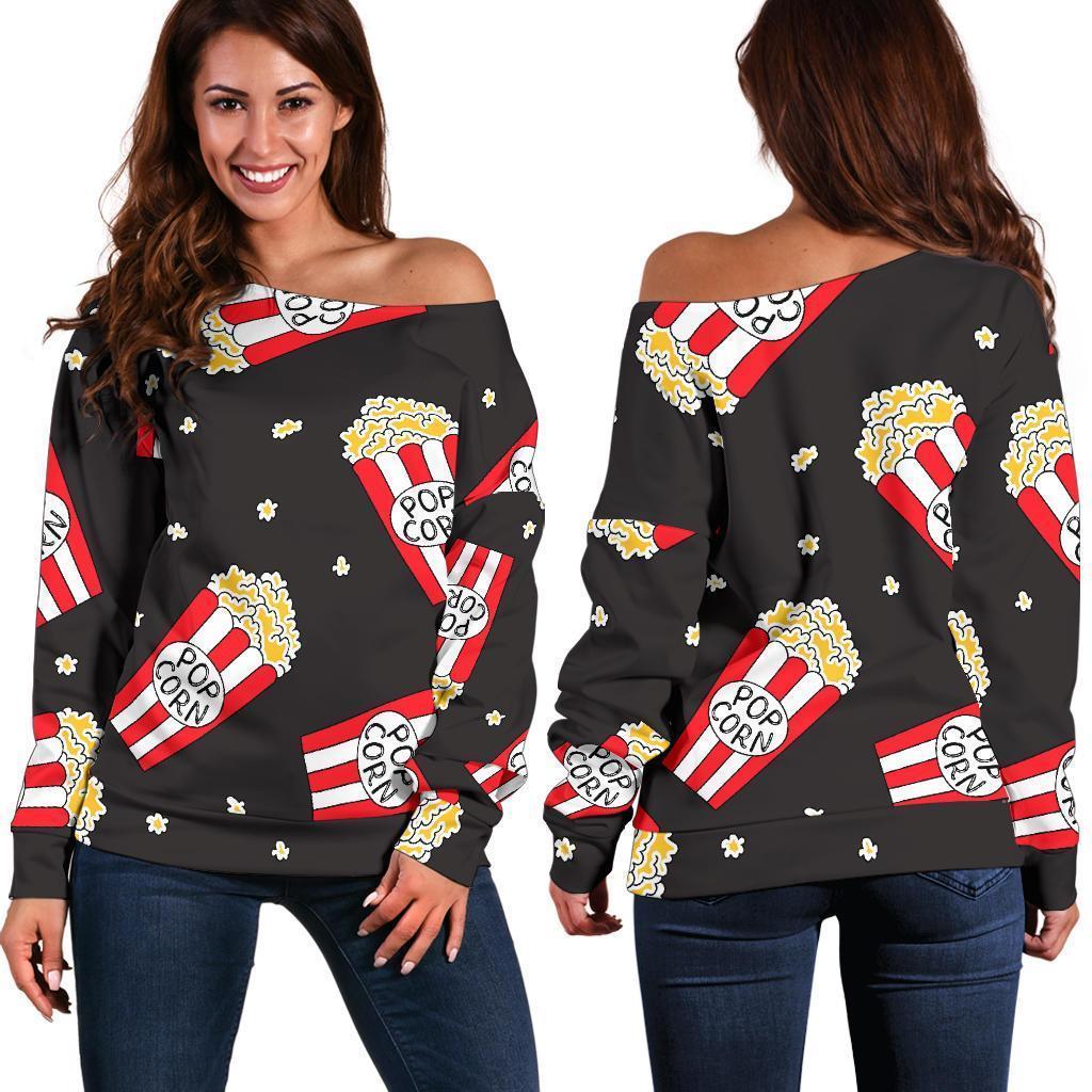 Popcorn Print Pattern Women Off Shoulder Sweatshirt-grizzshop