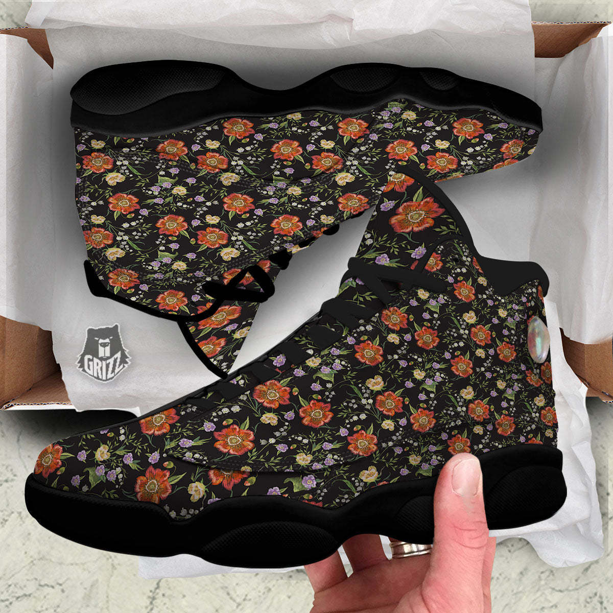 Poppy Embroidery Print Pattern Black Basketball Shoes-grizzshop