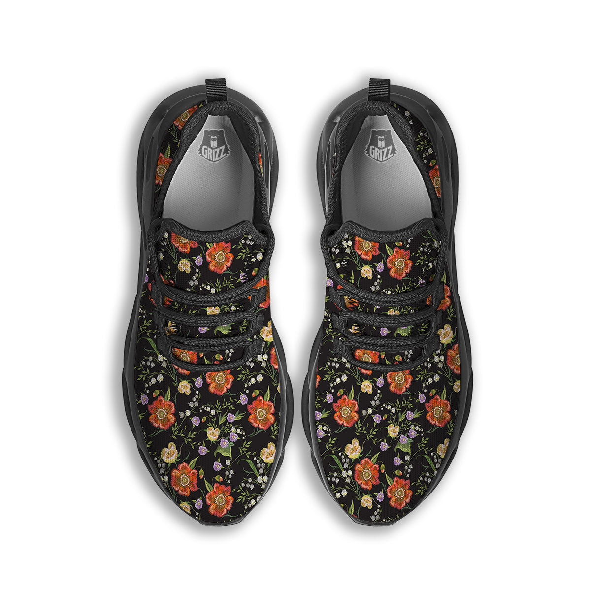 Poppy Embroidery Print Pattern Black Running Shoes-grizzshop