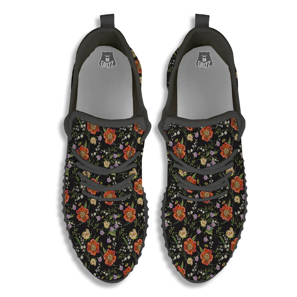 Poppy Embroidery Print Pattern Black Walking Shoes-grizzshop