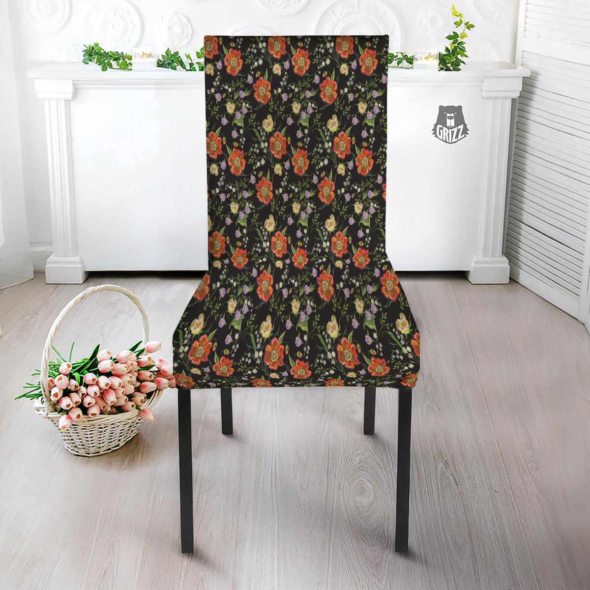Poppy Embroidery Print Pattern Dining Chair Slipcover-grizzshop