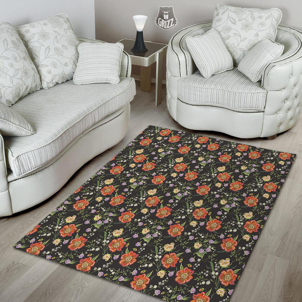 Poppy Embroidery Print Pattern Floor Mat-grizzshop