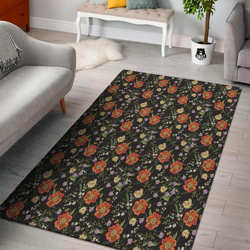 Poppy Embroidery Print Pattern Floor Mat-grizzshop