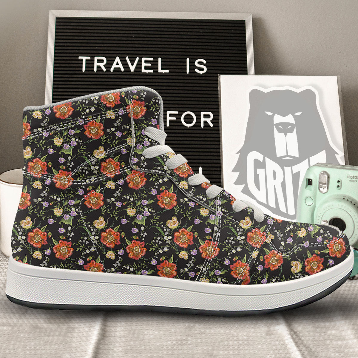 Poppy Embroidery Print Pattern High Top Sneakers-grizzshop
