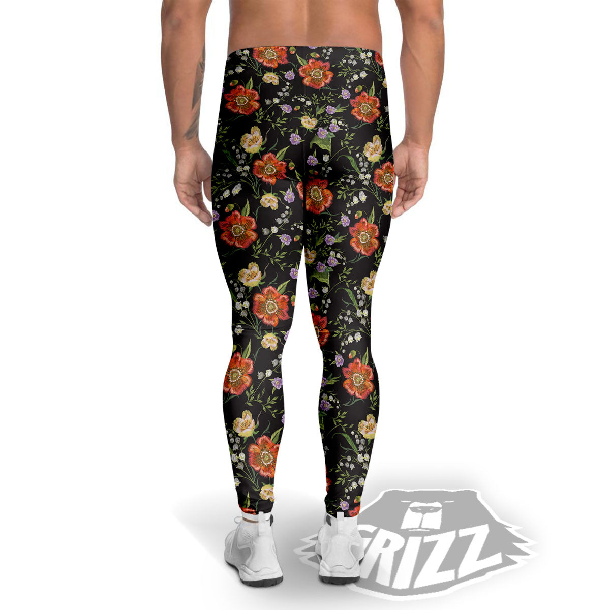 Poppy Embroidery Print Pattern Men's Leggings-grizzshop