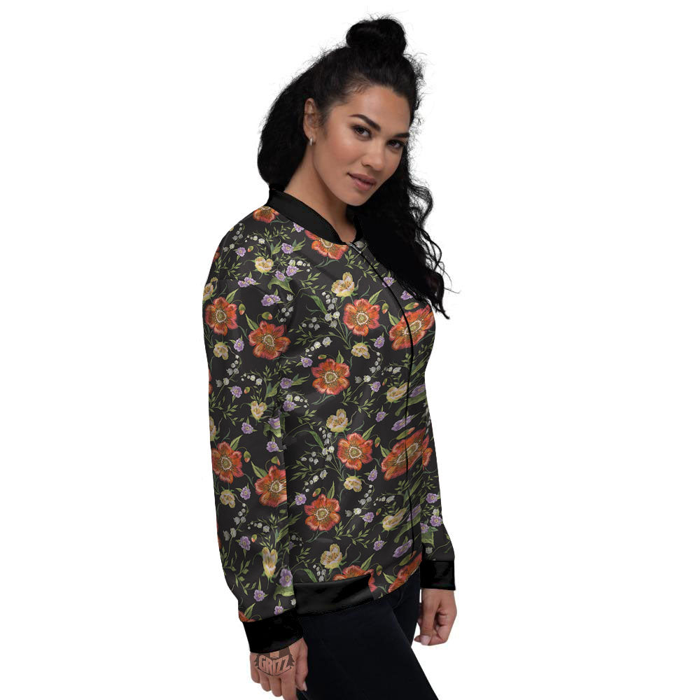 Poppy Embroidery Print Pattern Women's Bomber Jacket-grizzshop