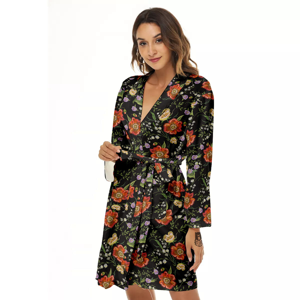 Poppy Embroidery Print Pattern Women's Robe-grizzshop