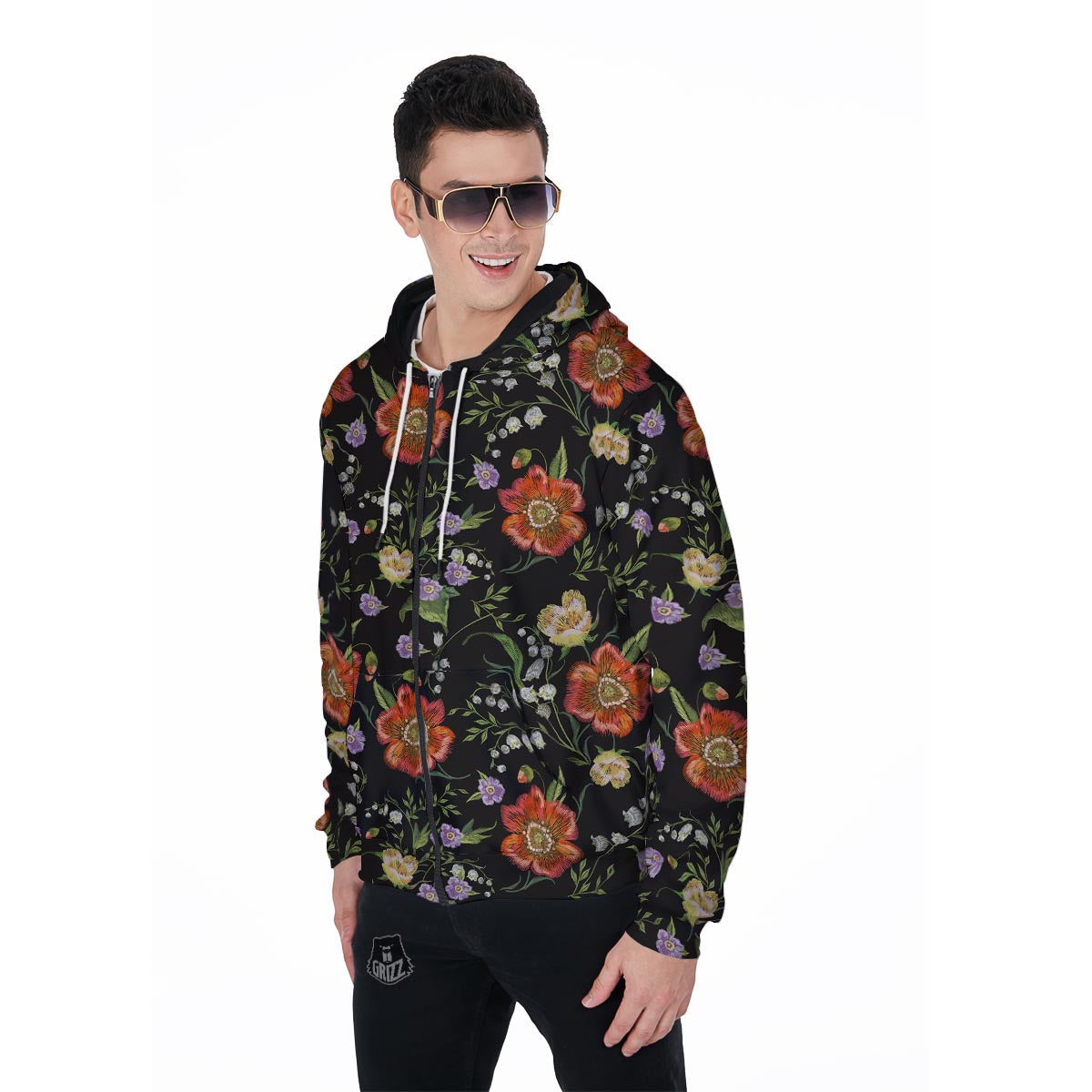 Poppy Floral Print Men's Zip Up Hoodie-grizzshop