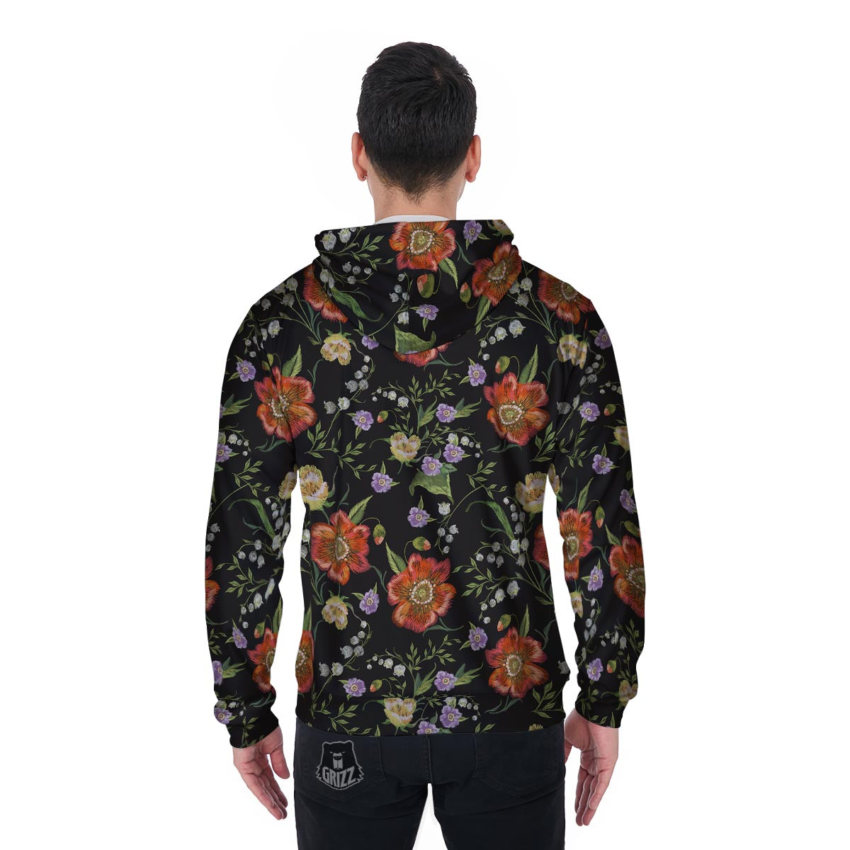 Poppy Floral Print Men's Zip Up Hoodie-grizzshop