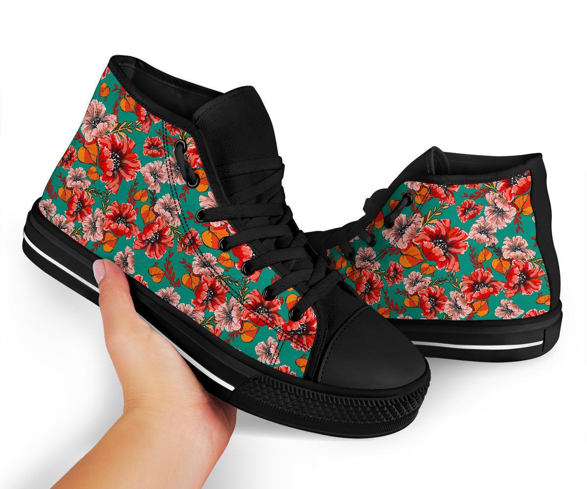 Poppy Floral Red Pattern Print Men Women's High Top Shoes-grizzshop