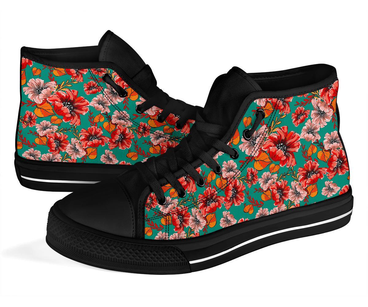 Poppy Floral Red Pattern Print Men Women's High Top Shoes-grizzshop