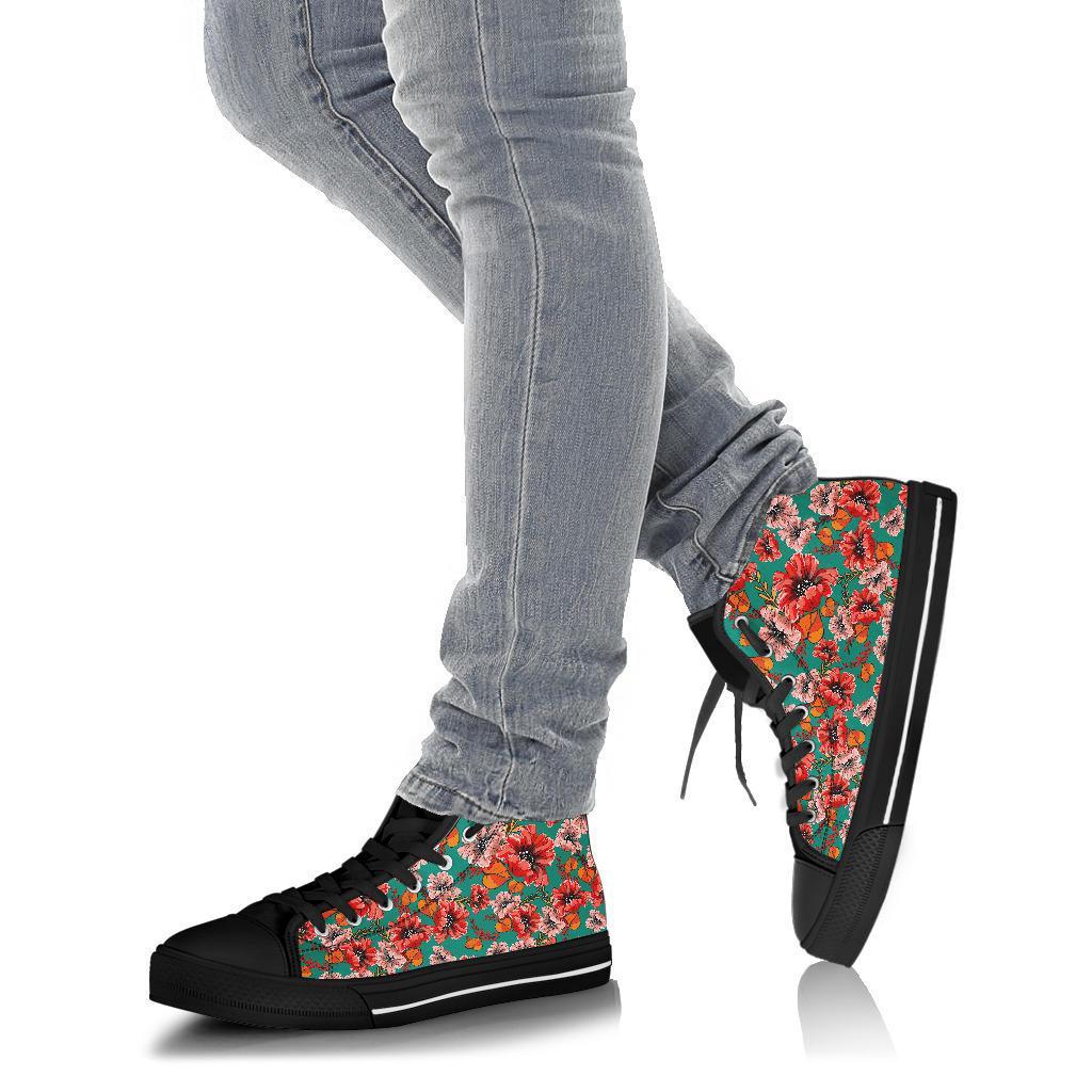 Poppy Floral Red Pattern Print Men Women's High Top Shoes-grizzshop