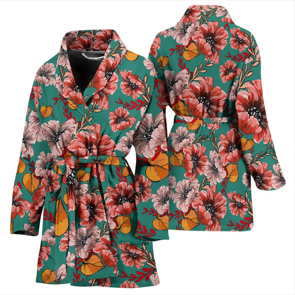Poppy Floral Red Pattern Print Women Long Robe-grizzshop