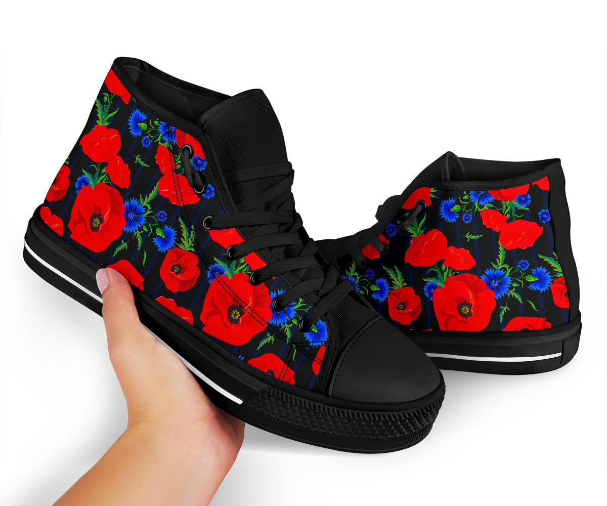 Poppy Red Floral Pattern Print Men Women's High Top Shoes-grizzshop