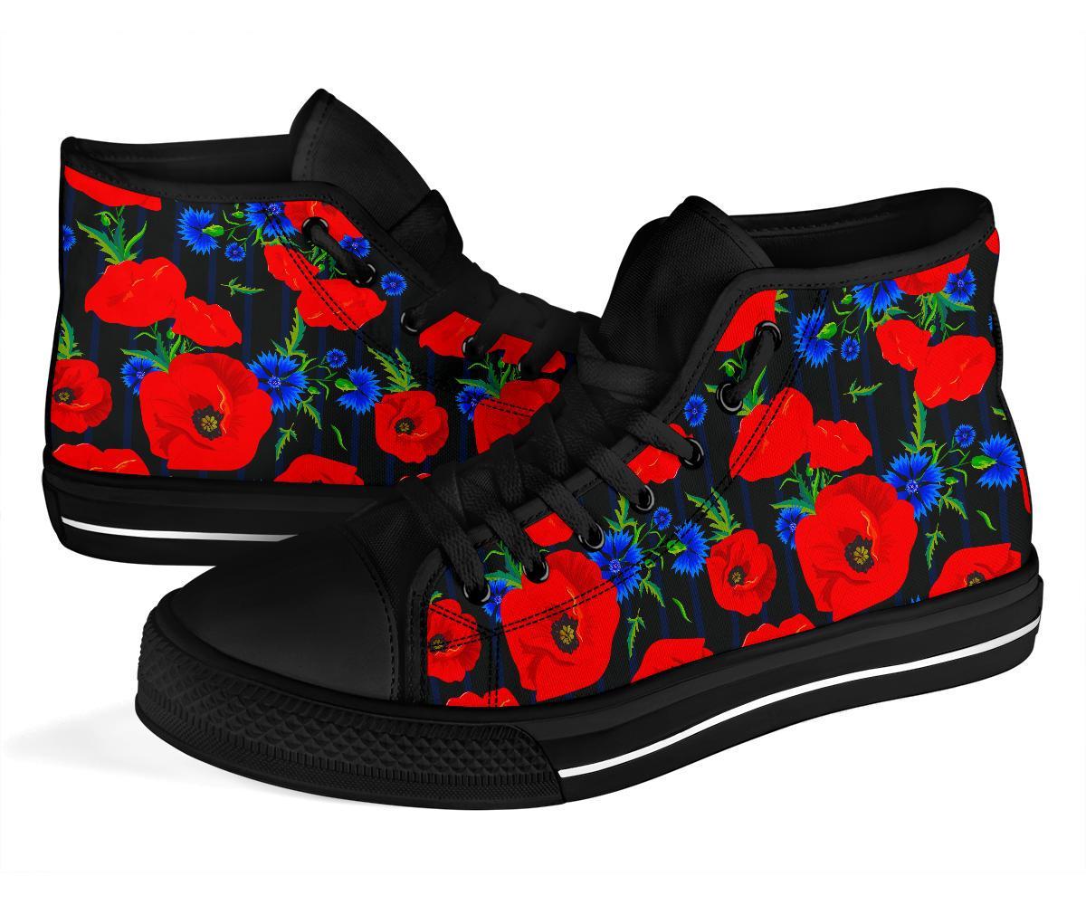 Poppy Red Floral Pattern Print Men Women's High Top Shoes-grizzshop
