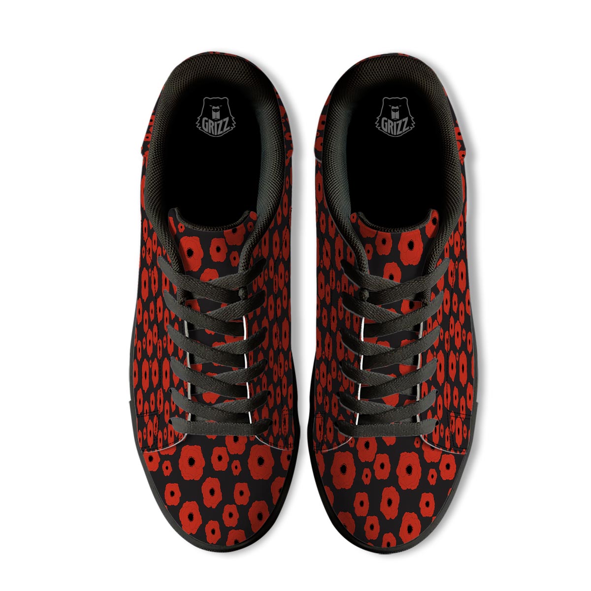 Poppy Red Print Pattern Black Low Top Sneakers-grizzshop