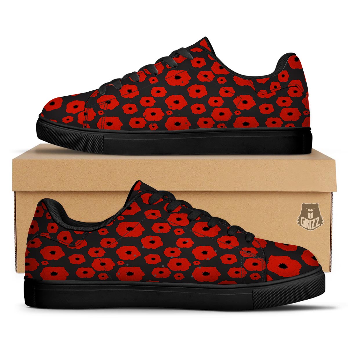 Poppy Red Print Pattern Black Low Top Sneakers-grizzshop