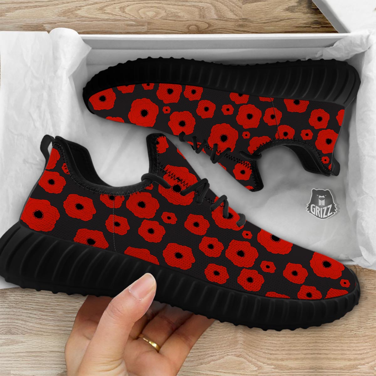 Poppy Red Print Pattern Black Walking Shoes-grizzshop
