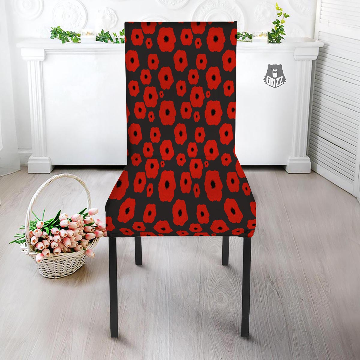 Poppy Red Print Pattern Dining Chair Slipcover-grizzshop
