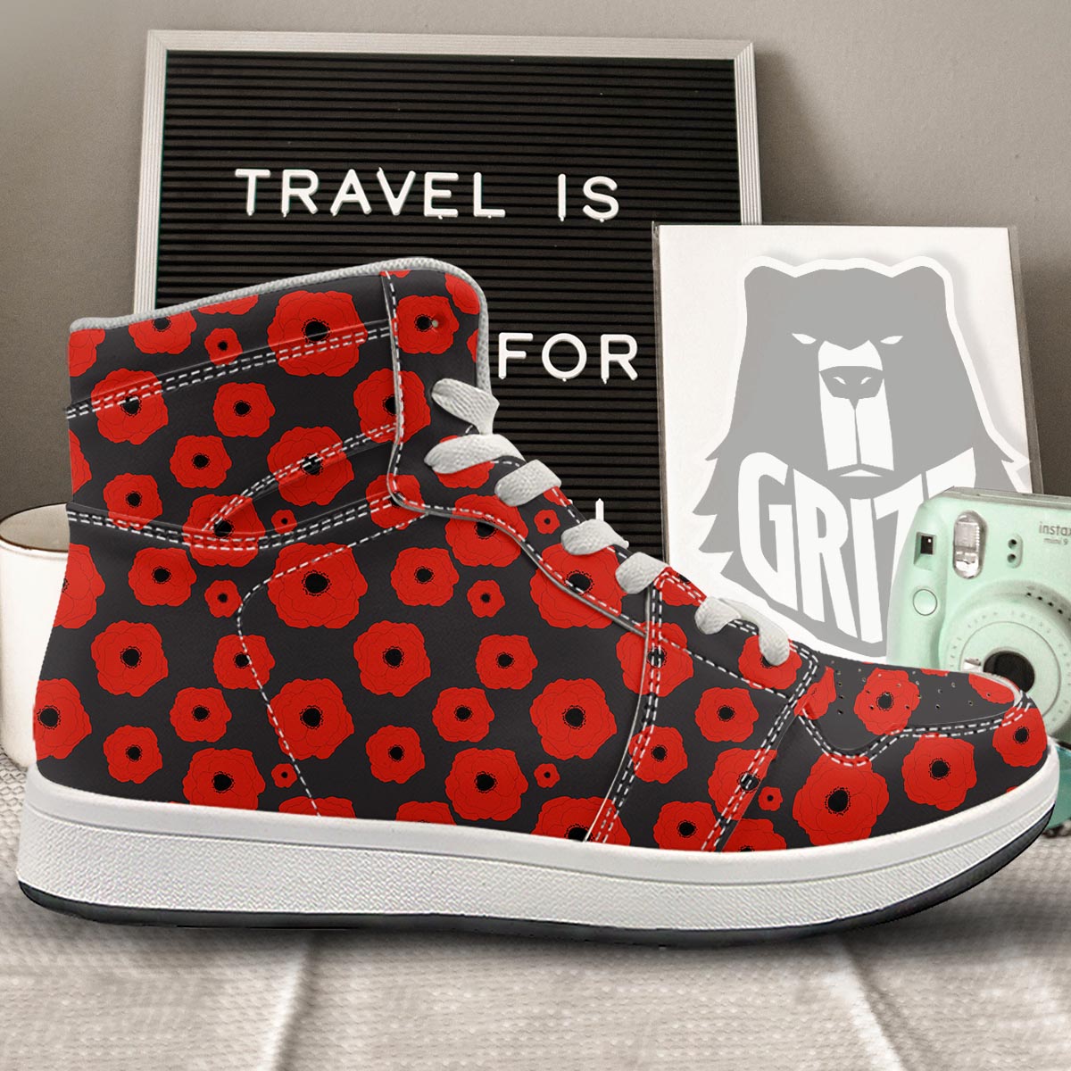 Poppy Red Print Pattern High Top Sneakers-grizzshop