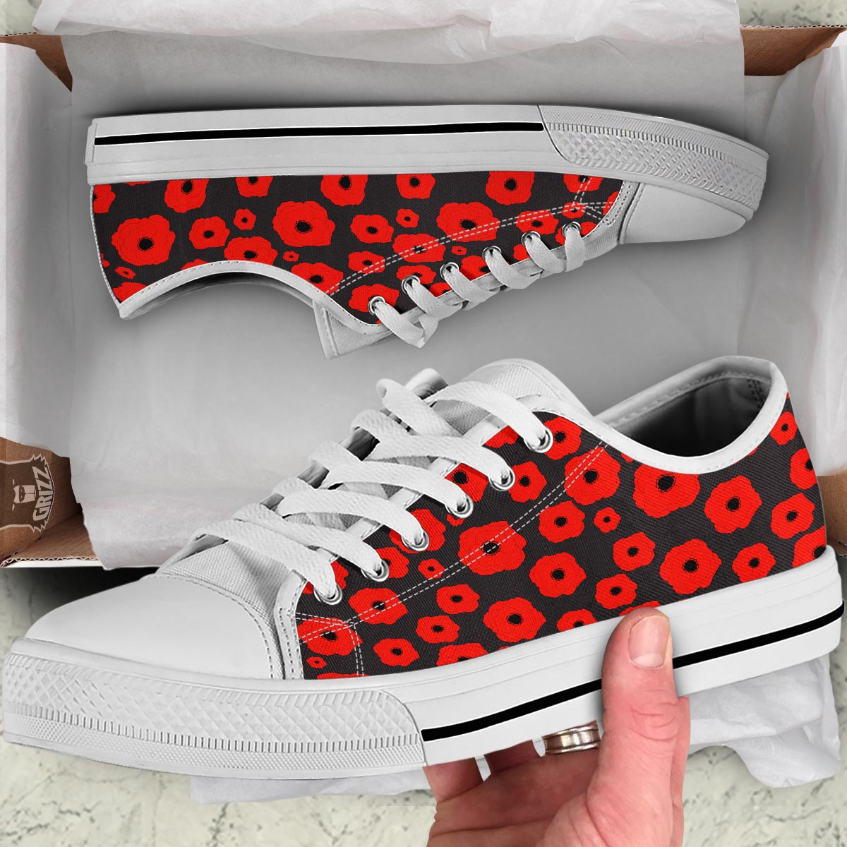 Poppy Red Print Pattern White Low Top Shoes-grizzshop