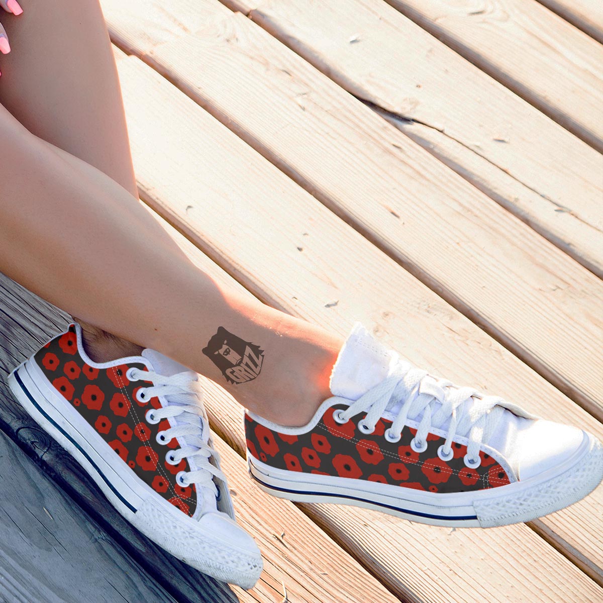 Poppy Red Print Pattern White Low Top Shoes-grizzshop