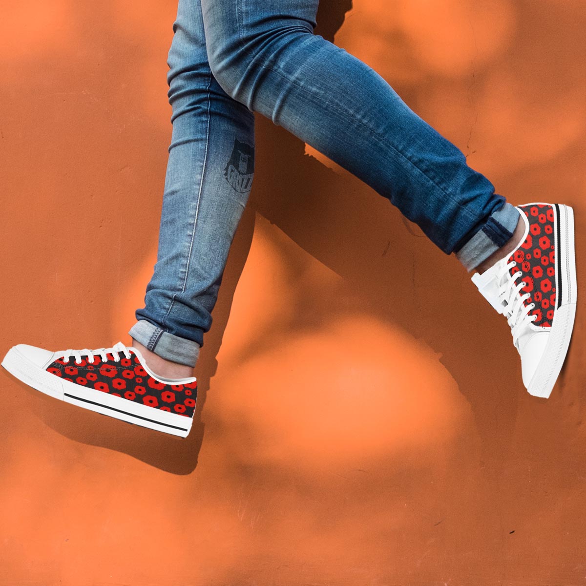 Poppy Red Print Pattern White Low Top Shoes-grizzshop