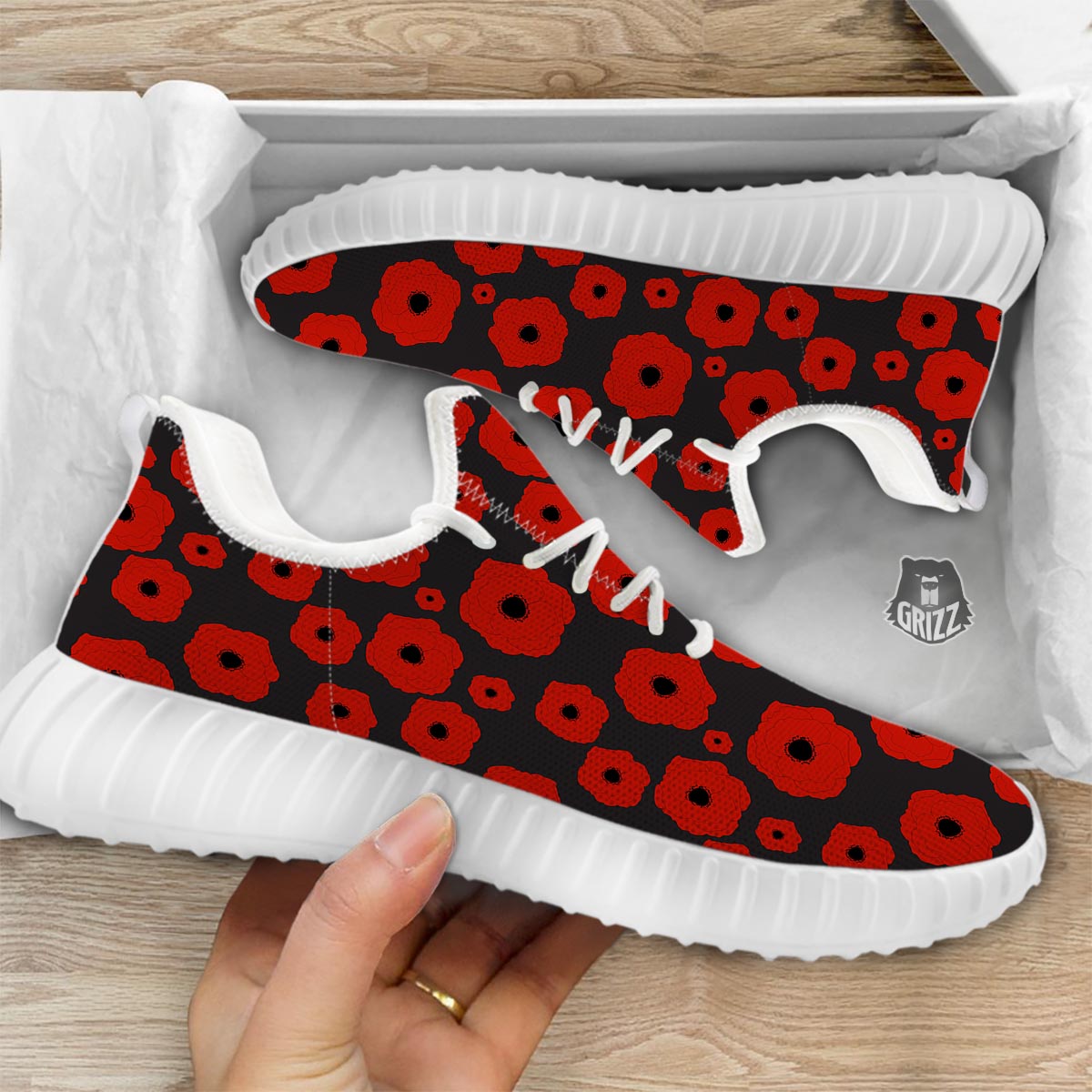Poppy Red Print Pattern White Walking Shoes-grizzshop