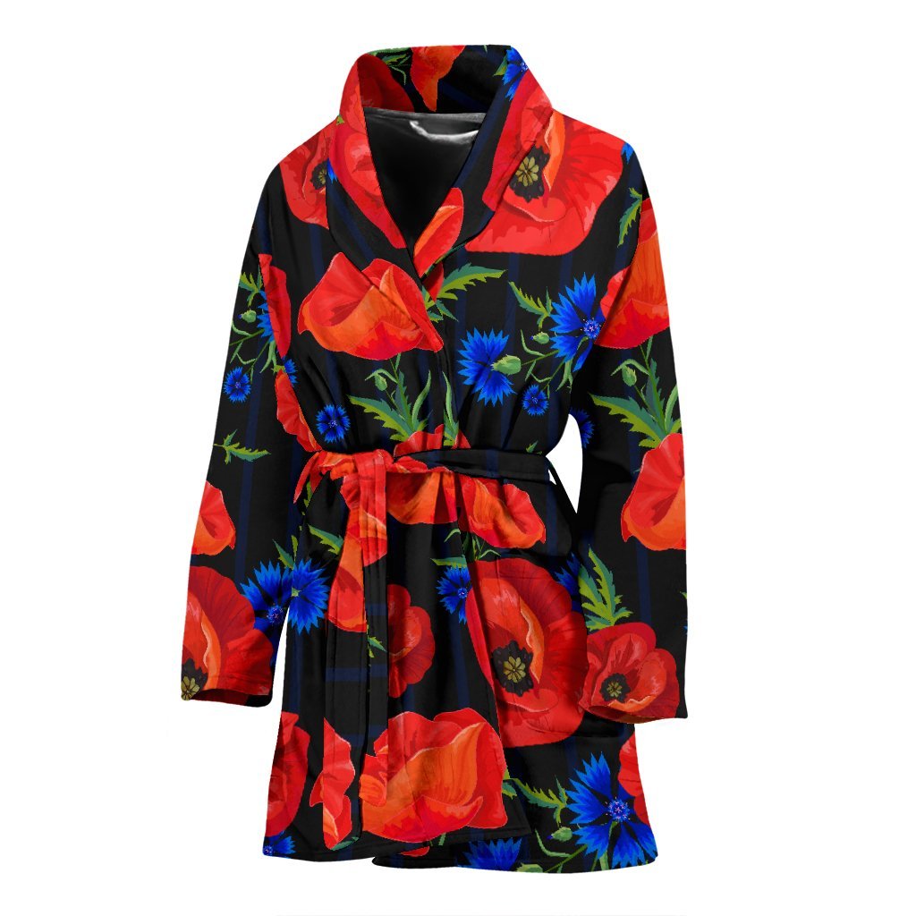 Poppy Red Floral Pattern Print Women Long Robe-grizzshop